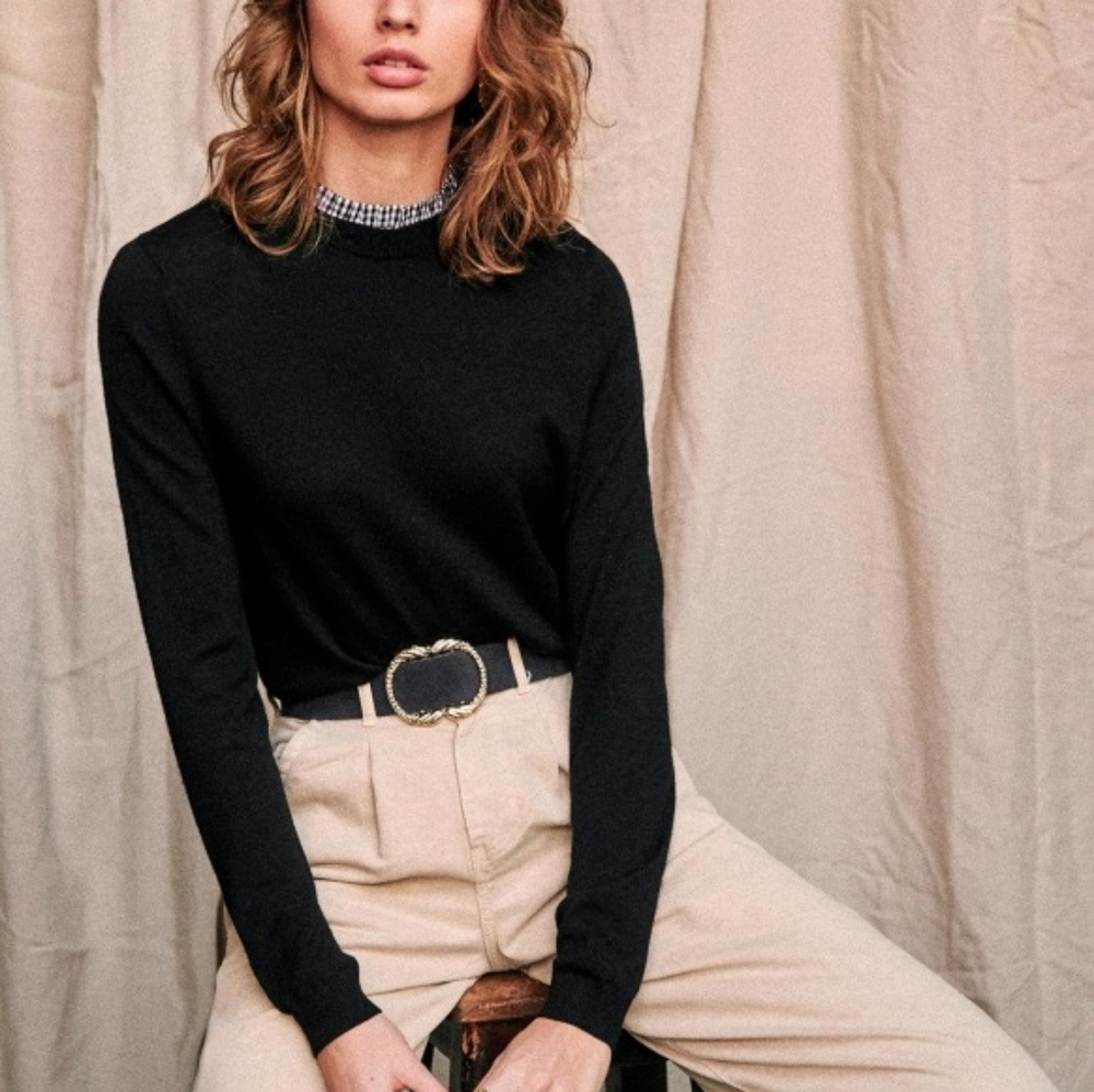 Sezane Merino Gingham Ruffle Merino Wool Eduardo Jumper Sweater Black XS